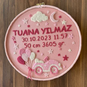 Bebek kapı süsü, hastane kapı süsü, 30cm, punch nakışlı, isimli kapı süsü hediyelik-Model:PP.BKS.008